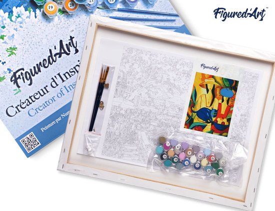 Canvas met schilder op nummer kit, inclusief verf, borstels en een klein voorbeeld schilderij.