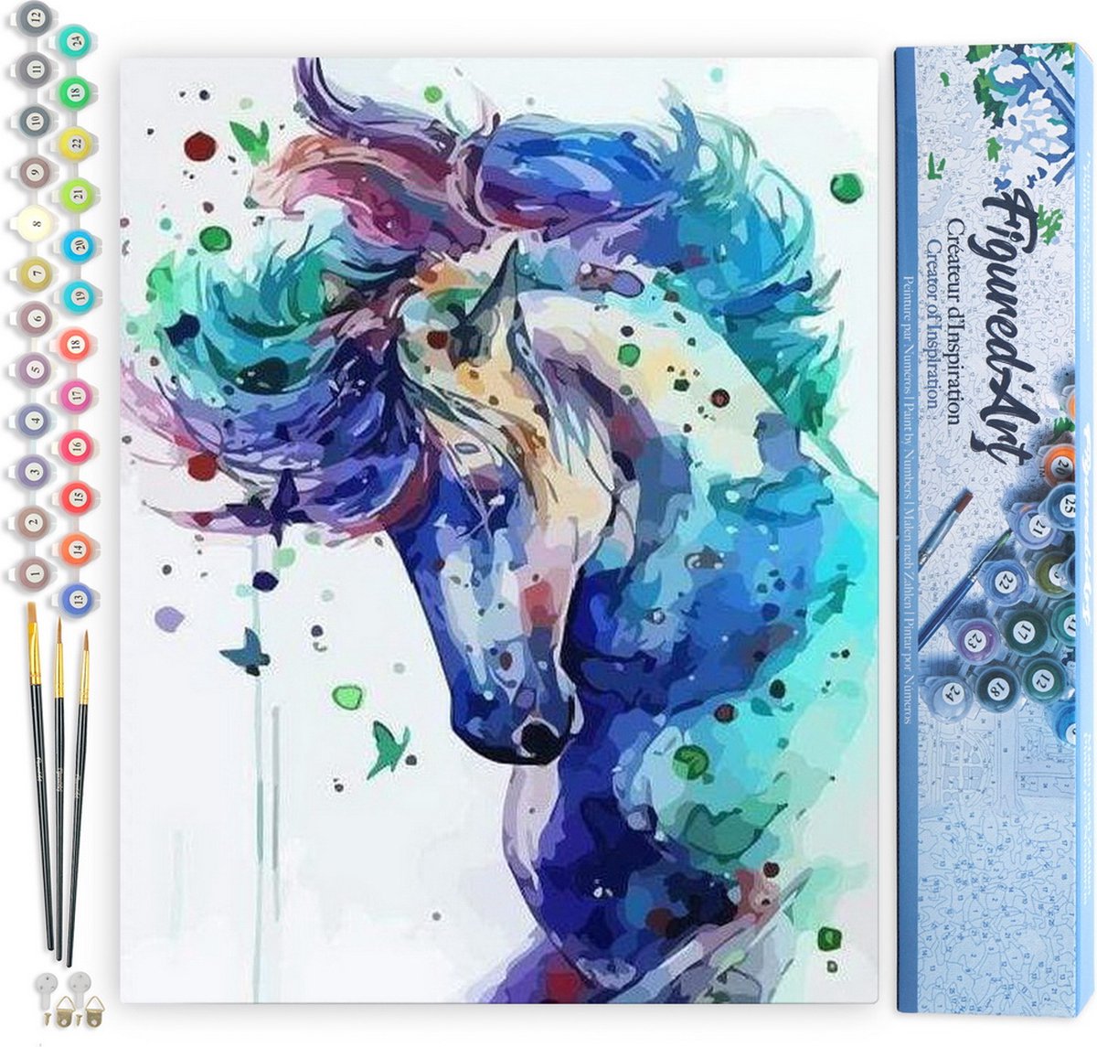 Figured'Art Schilderen op Nummer Volwassenen canvas Paard in het blauw - Handwerk acrylverf Kit DIY Compleet - 40x50cm zonder frame