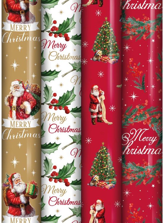 Kerstmis assortiment cadeaupapier - inpakpapier voor Kerst KE127 - 4 mtr x 70 cm - 4 rollen