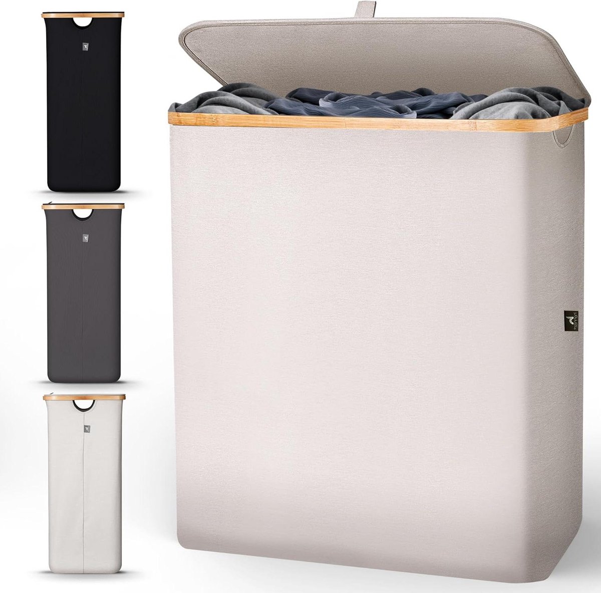 Goedkoopste Grote Opvouwbare Wasmand met Deksel en 2 Vakken - 140L Waszak - Moderne Wasverzamelaar voor Badkamer en Slaapkamer met Handvatten - Bamboe Applicatie - Beige