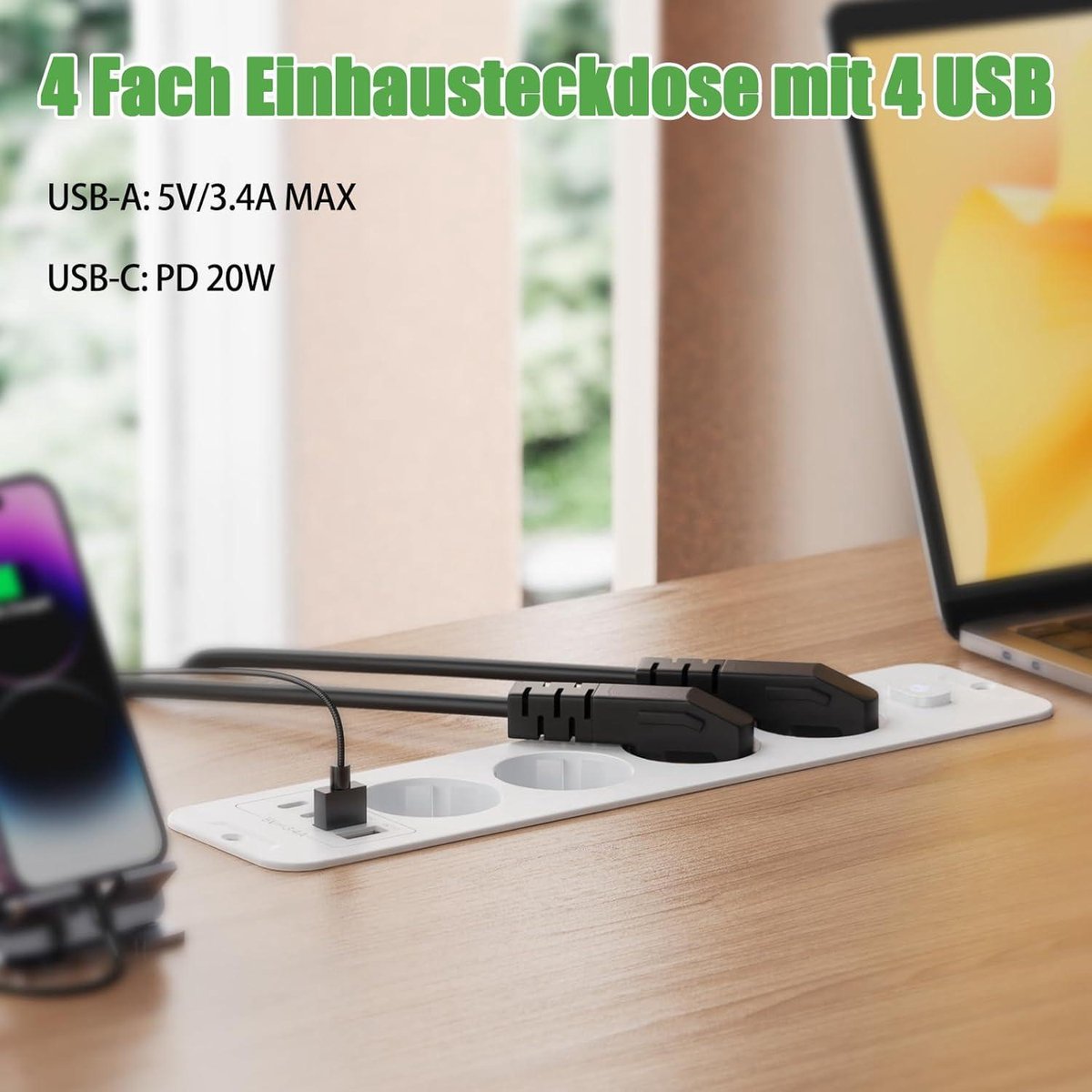 Tafelblad, verzonken stopcontact met 3 USB, inbouw stekkerdoos 2-voudig met 2 m kabel Tafelblad, verzonken stopcontact met 3 USB, inbouw stekkerdoos 2-voudig met 2 m kabel