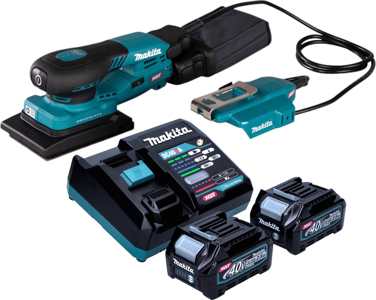 Makita BO 005 CGD201 Accuschuurmachine 40 V max. 80 x 130 mm 3,0 mm slag Borstelloos + 2x accu 2,5 Ah + lader