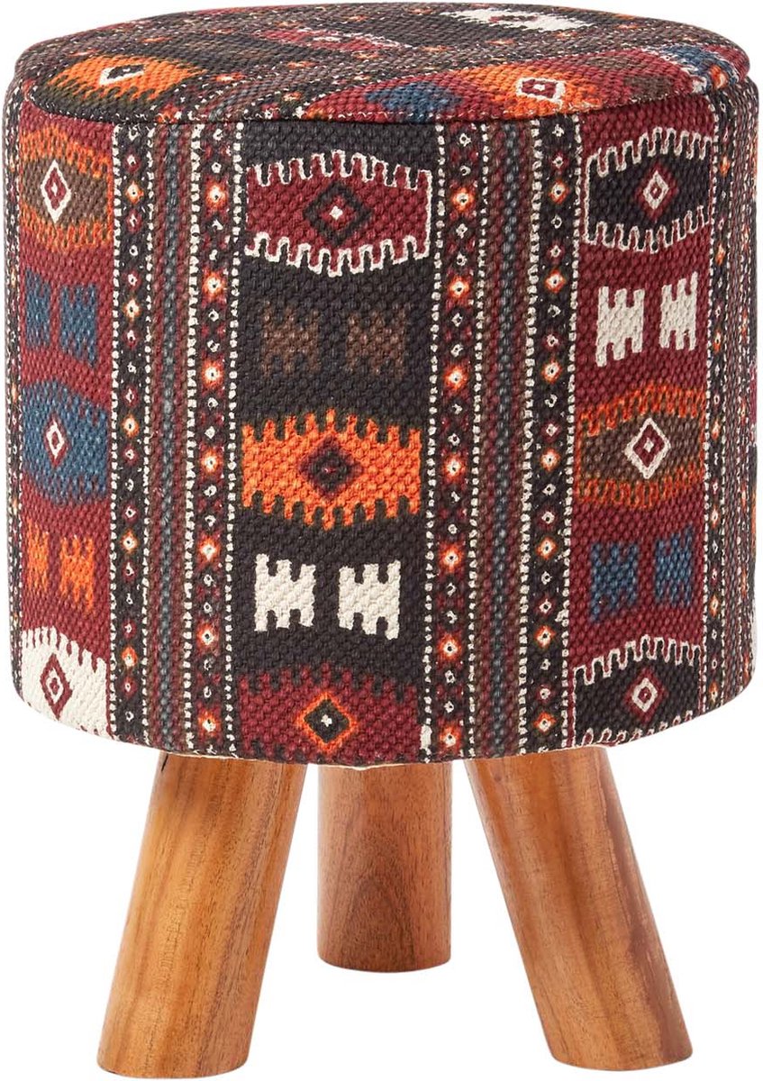 Homescapes kruk Kelim design houten poten 32 rond Rood