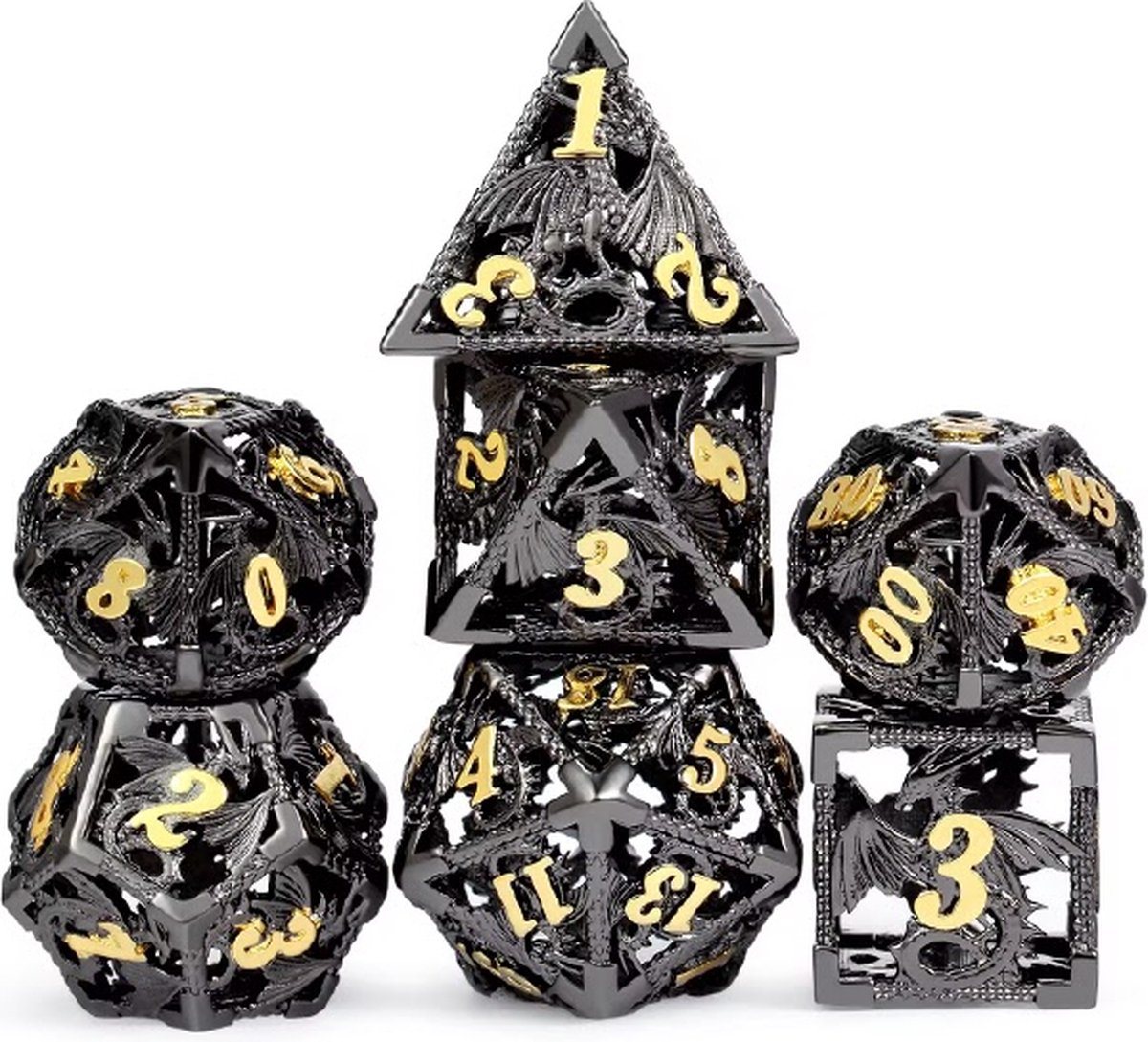 Lapi Toys - Dungeons and Dragons dobbelstenen - DnD Dice - Polydice - Dobbelstenen Dungeons Dragons - Metal dice - Metalen Dobbelstenen - DnD Dice Set - Hollow dice - 1 set (7 stuks) - Metaal - Zwart