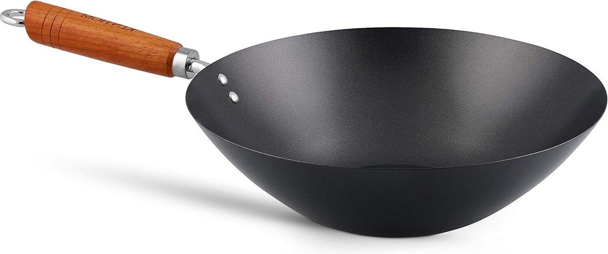 Wokpan inductie Koolstofstaal Niet Plakken 31cm Classic Niet-Inductie-Houten Handvat-Pan Met Platte Bodem Niet Vaatwasmachinebestendig 2 Jaar Garantie Wokpan inductie