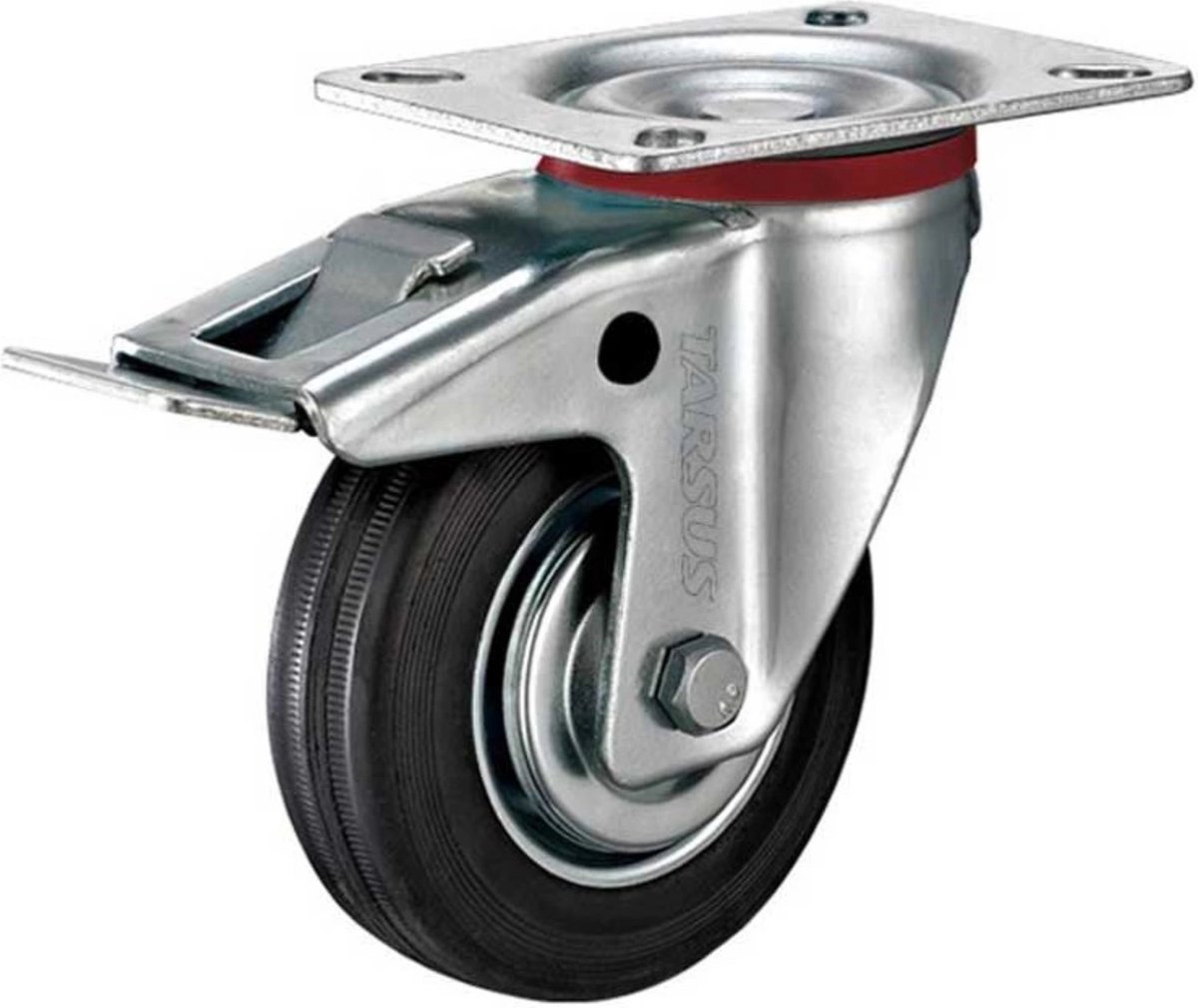 Tarsus Zwenkwiel met rem - 75 mm - Stalen velg - Massieve rubberband - 40 kg draagvermogen