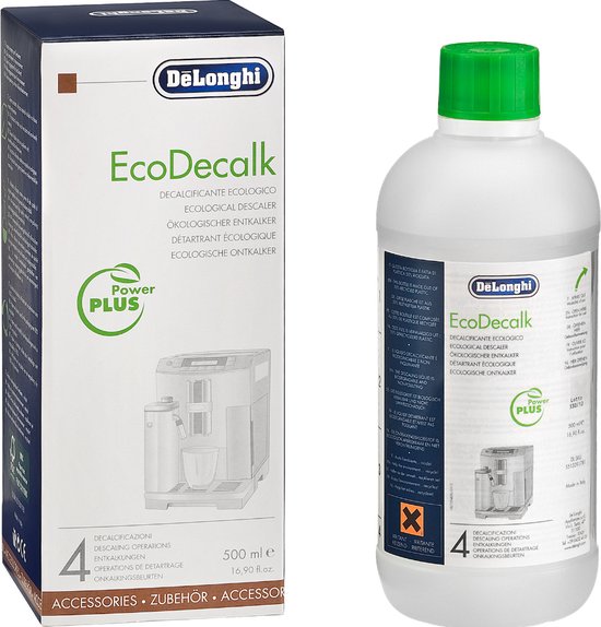Doos en fles De'Longhi EcoDecalk ontkalker met afbeelding van koffiemachine en espresso's.