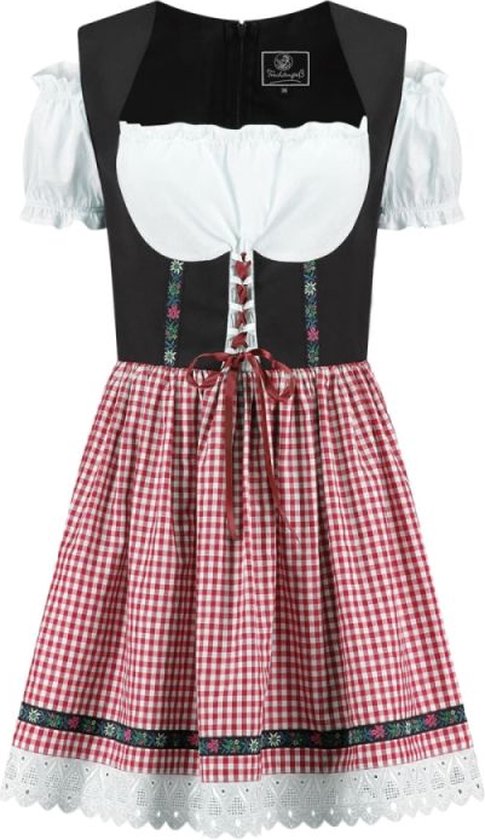 Zwarte jurk met wit blouse-effect, rode strik, rood-wit geblokte rok met geborduurde rand en witte kanten zoom.