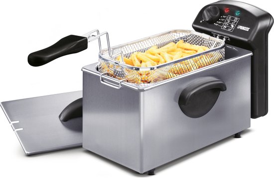 Roestvrijstalen frituurpan met mandje vol goudbruine frietjes en een deksel op de zijkant.