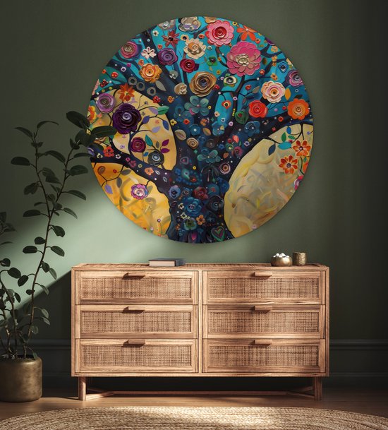 WallCircle® Wandcirkel 140x140 cm - Muurcirkel Boom - Levensboom - Kleurrijk - Bloemen - Modern - Abstract - Natuur - Muurdecoratie woonkamer cirkel - Wanddecoratie slaapkamer - Kamer decoratie accessoires - Ronde schilderijen binnen
