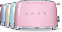 Rij van SMEG broodroosters in verschillende kleuren, waaronder roze.