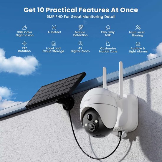ieGeek 5MP Beveiligingscamera's Draadloos Buiten, Zonnecamera Buiten Draadloos WiFi 360° PTZ Op Batterijen Met Spotlight & Sirene/Bewegingsdetectie/Kleuren Nachtzicht/2-Weg Audio/IP65, Werkt met Alexa, 4 stuks van ieGeek — afbeelding 4