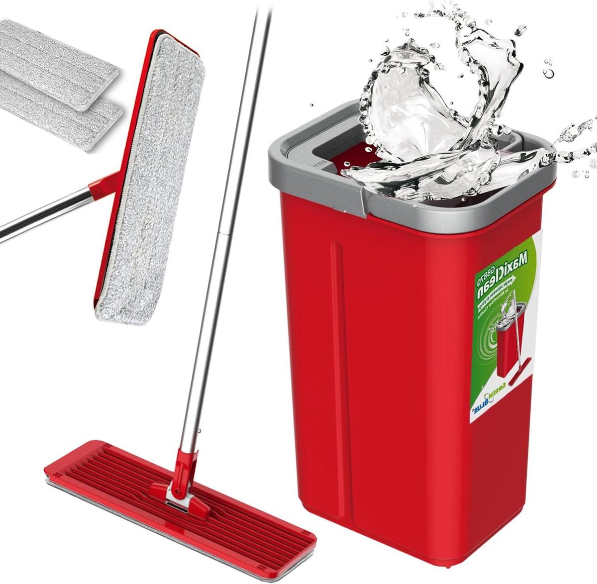 MaxiClean platte mop set 2-in-1 poetsemmer 57 l dweilmop set vloerwisser mop reinigingssysteem reiniger 360° draaibare dweilkop reservehoezen