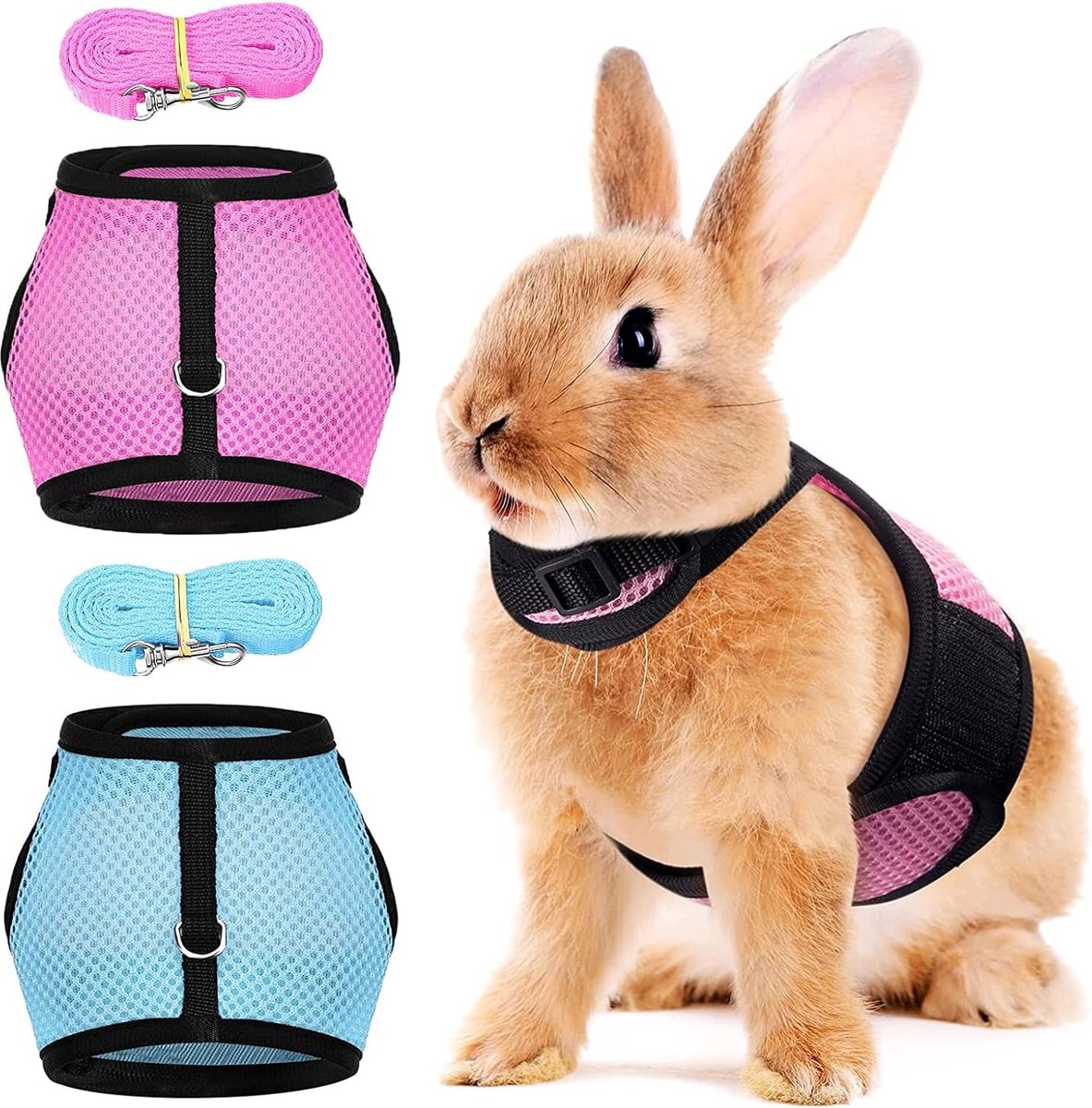 2 Stuks Verstelbaar Konijn Zacht en Ademend, Veiligheidsgordel Konijn voor Kleine Dieren, Mesh Konijn Harnas, voor Klein dier konijn hamster kat buiten (M, blauw, roze)