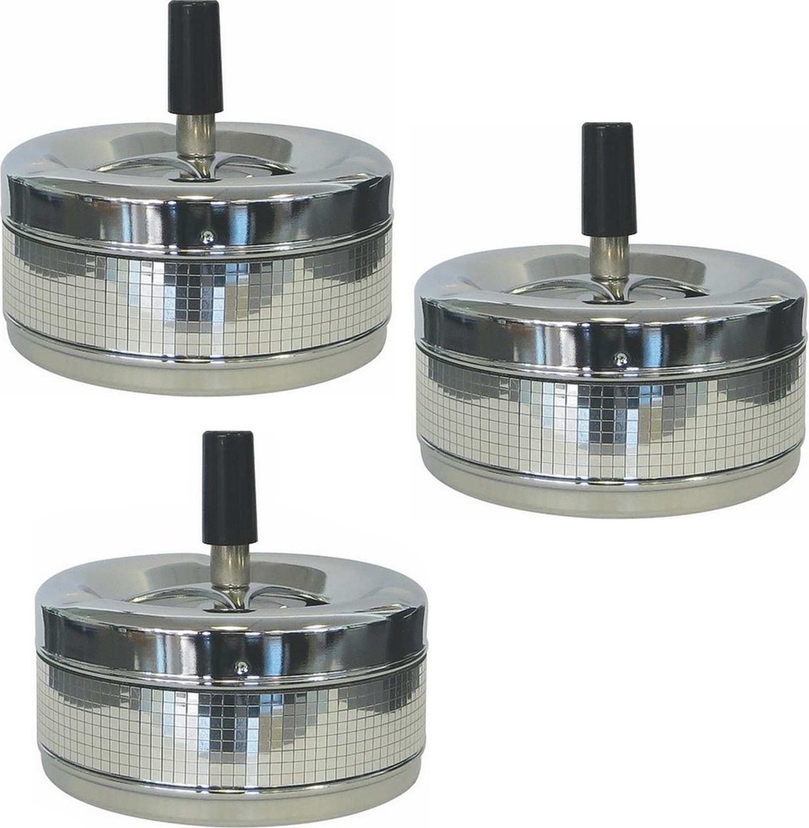 Goedkoopste 3x Verchroomde draaiasbakken/drukasbakken 11 cm - Terrasasbak/tafelasbak/draaiasbak/drukasbak asbak - Rokersbenodigdheden - Rookaccessoires