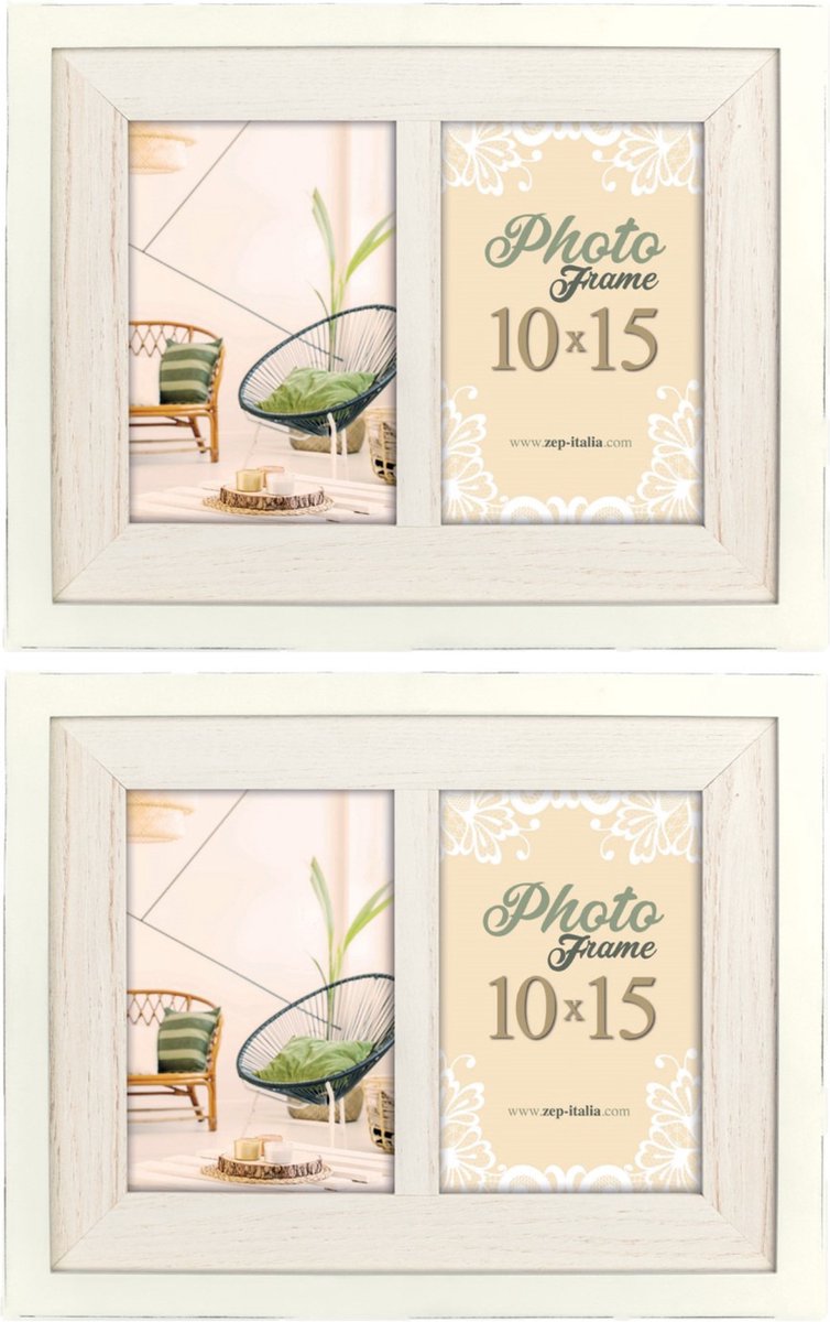 Zep 2x stuks fotolijst hout wit 23 x 28 cm geschikt voor twee foto van 10 x 15 cm