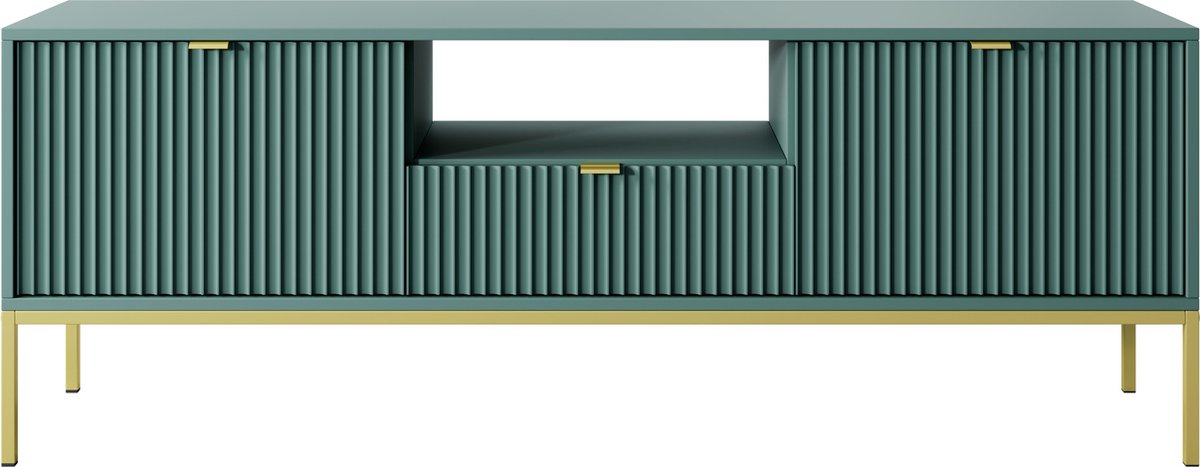 Selsey Vellore - RTV kast 154 cm - groen met geribbelde fronten, gouden handgrepen en frame