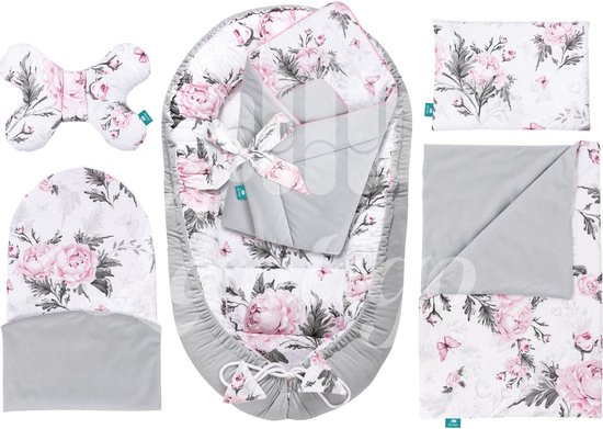 Foto: Lantigo 6 delig babynest set voor pasgeborenen baby nestje babykussen babydeken babyhoorntje eerste babyuitrusting 100 katoen 95 55 cm pink flowers met grijs fluweel