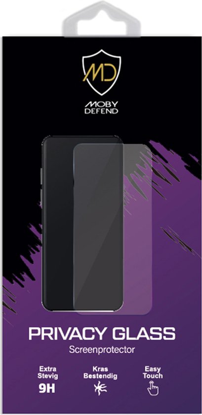 MobyDefend privacy glass screenprotector verpakking. Extra stevig 9H, krasbestendig, easy touch.