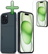 Coque pour iPhone 15 Plus Coque rigide avec porte-cartes avec protecteur d'écran – Coque adaptée pour iPhone 15 Plus Coque rigide résistante aux chocs avec porte-cartes – Bleu foncé