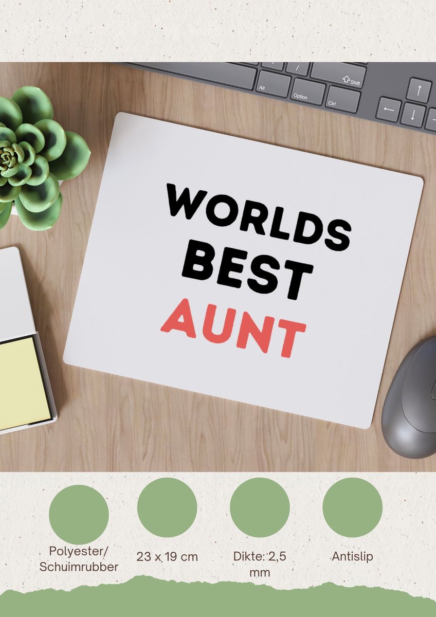 Akyol - worlds best aunt Muismat - Tante - de beste tante - verjaardagscadeau - verjaardag - cadeau - cadeautje voor tante - tante artikelen - kado - geschenk - gift - 23 bij 19 cm