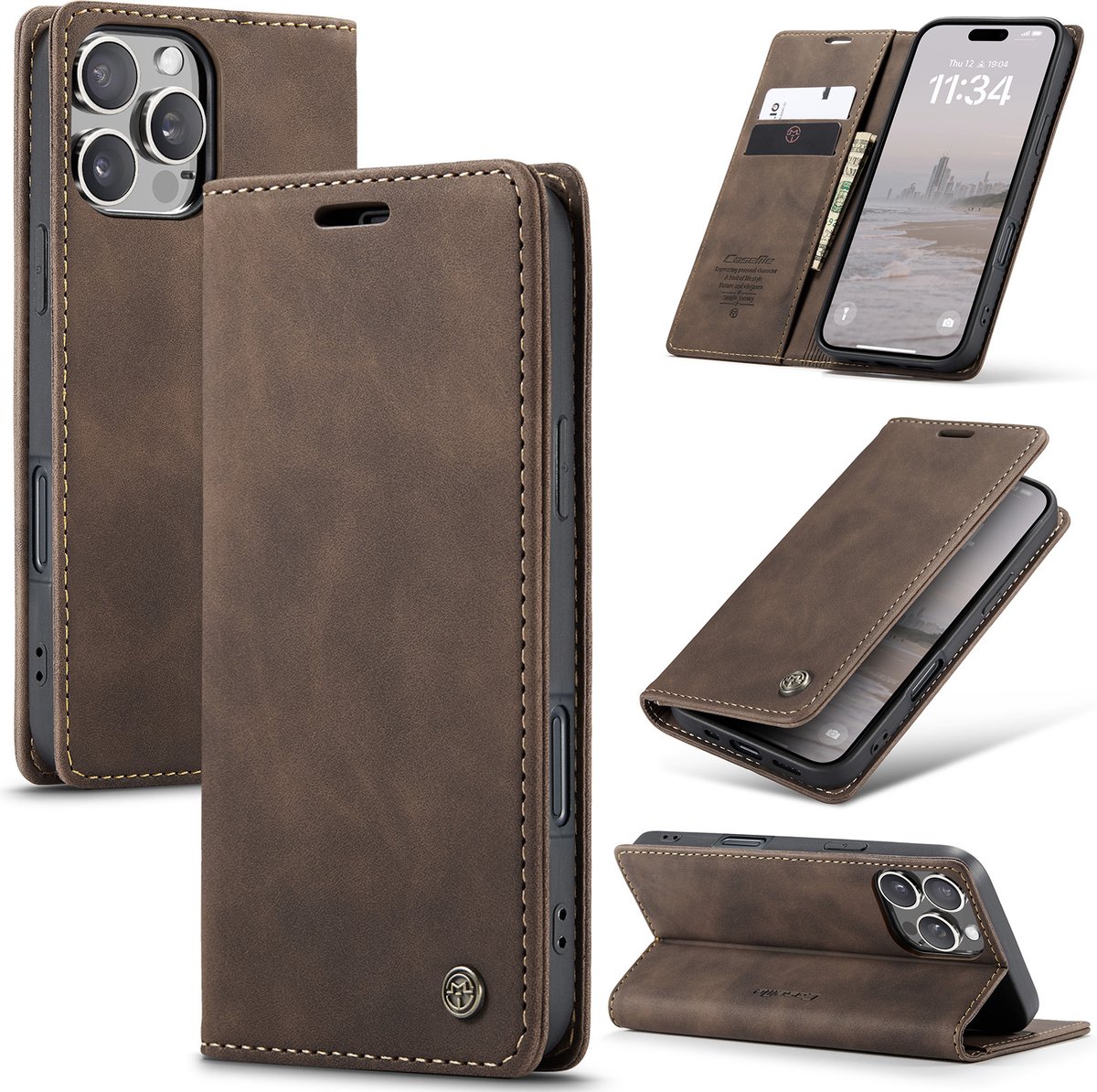 CaseMe - Telefoonhoesje geschikt voor Apple iPhone 16 Pro - Wallet Book Case - Met Magnetische Sluiting - Donker bruin