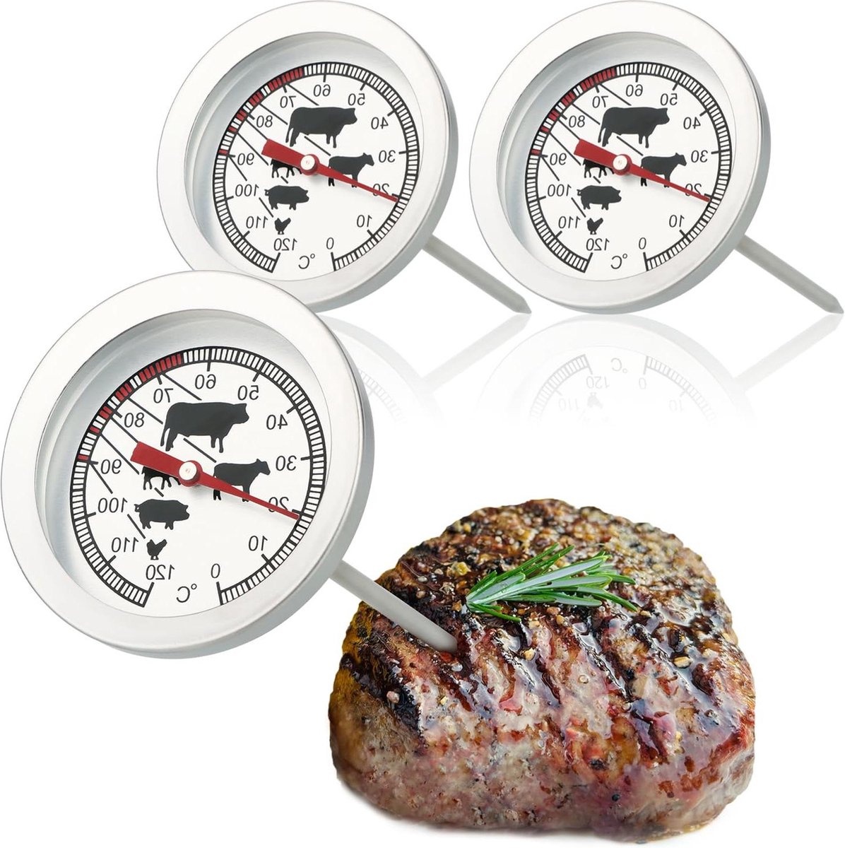 Vleesthermometer Braadthermometer Roestvrij Staal Analoge Vleesthermometer tot 120 °C Grillthermometer Vleesnaald 10 cm