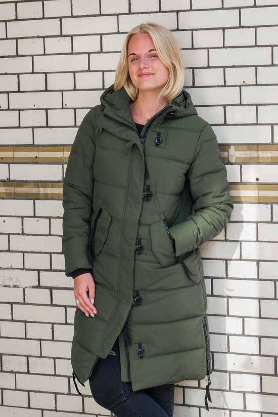 Lange dames winterjas - Gewatteerd en getailleerd - Legergroen - Maat 40