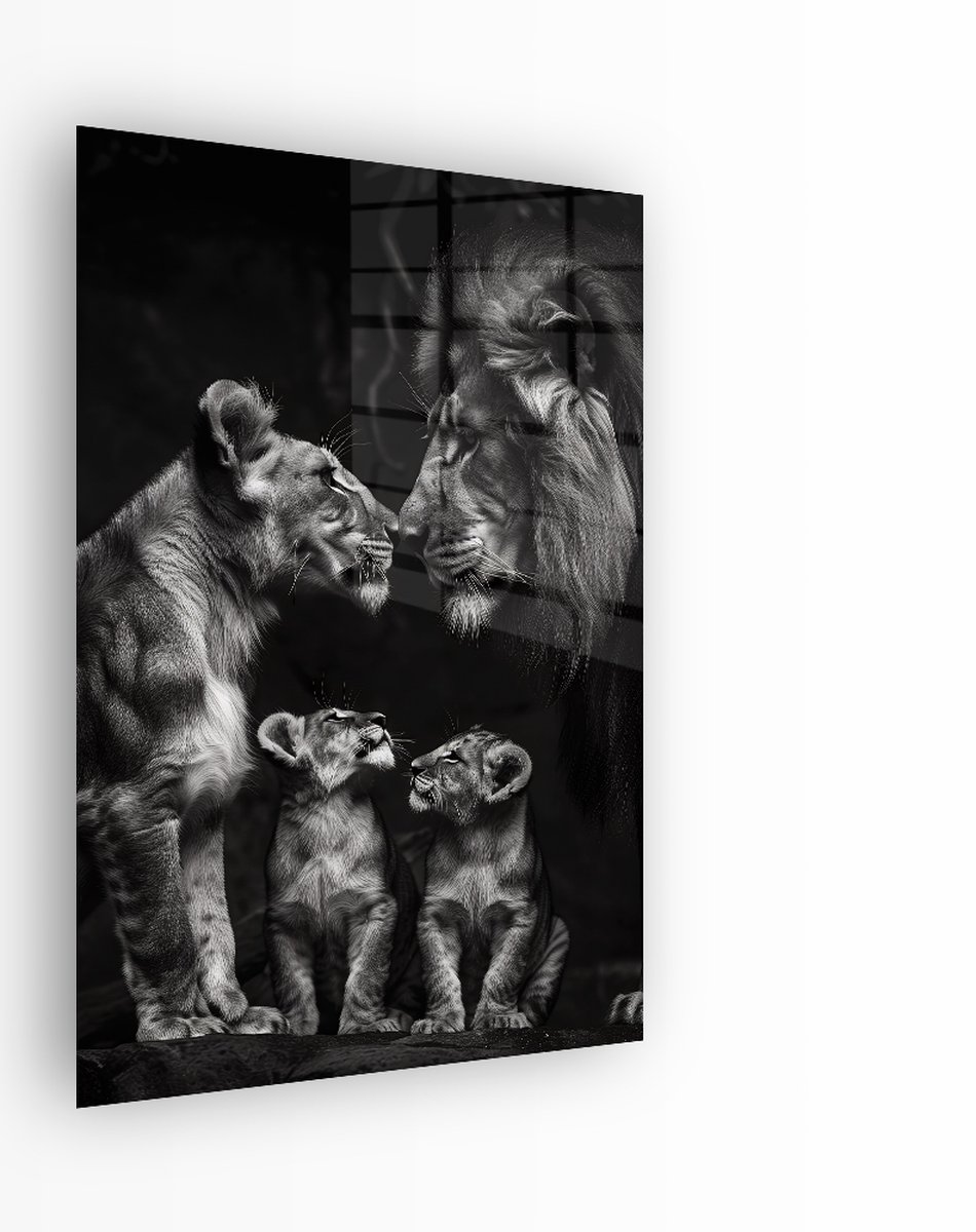 Indoorart Glasschilderij Leeuwen Band 80x120 CM - Afbeelding op plexiglas - Inclusief montagemateriaal zwart, wit