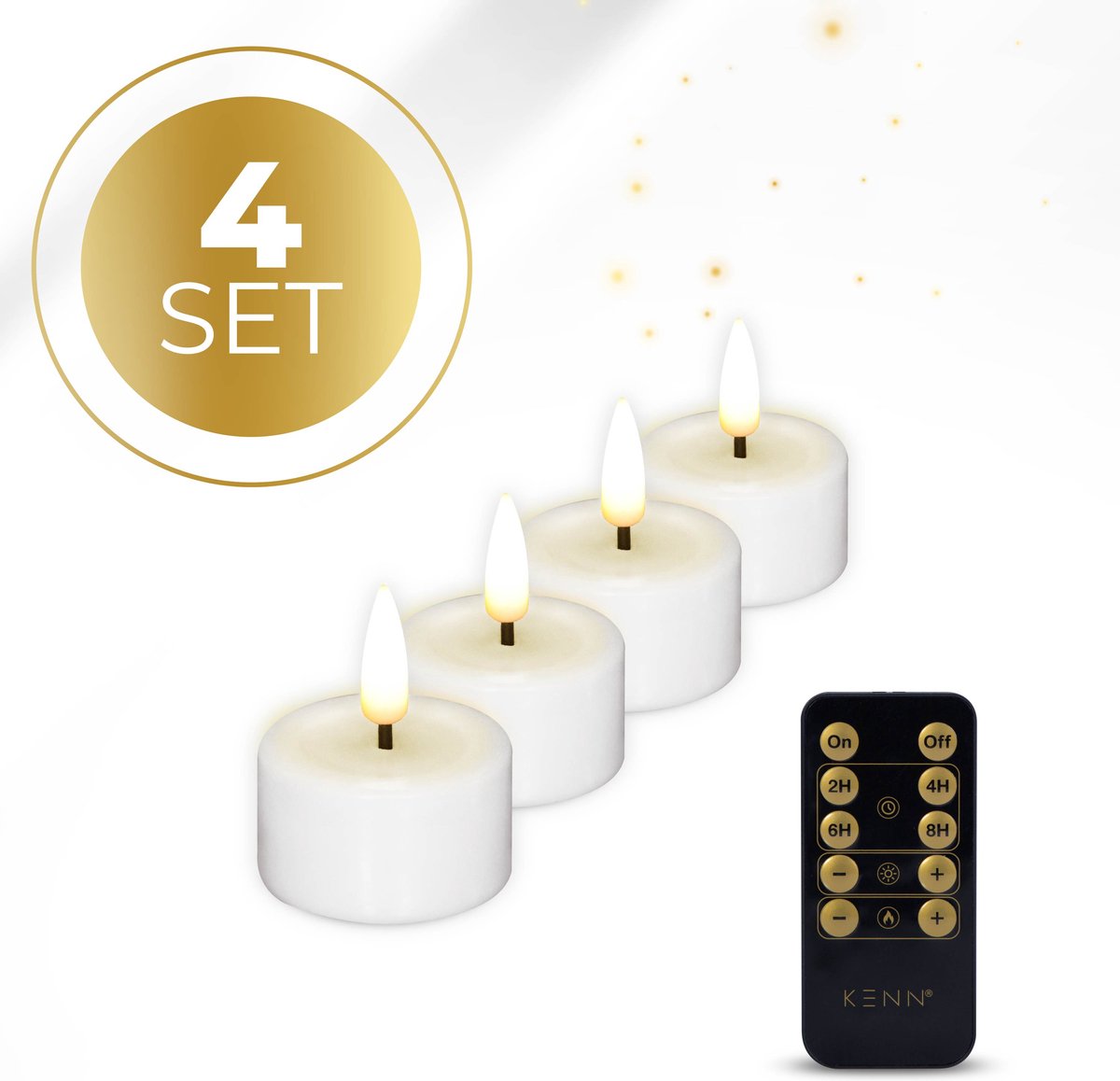 KENN® LED Waxinelichtjes – Set van 4 – Wit – Echte Wax – Met Afstandsbediening & Timer – Tot 300 Branduren – Inclusief Batterijen – LED Theelichtjes – Kaarsen op Batterij – Realistisch Flikkerende Vlam - Nep Waxinelichtjes