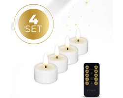 KENN® LED Waxinelichtjes – Set van 4 – Wit – Echte Wax – Met Afstandsbediening & Timer – Tot 300 Branduren – Inclusief Batterijen – LED Theelichtjes – Kaarsen op Batterij – Realistisch Flikkerende Vlam - Nep Waxinelichtjes