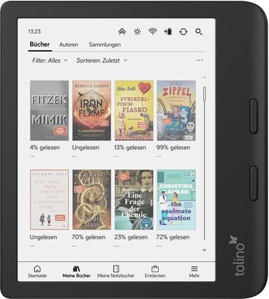 Zwarte e-reader, liggend op een hoek, toont het bibliotheekmenu met boekomslagen en leesvoortgang.