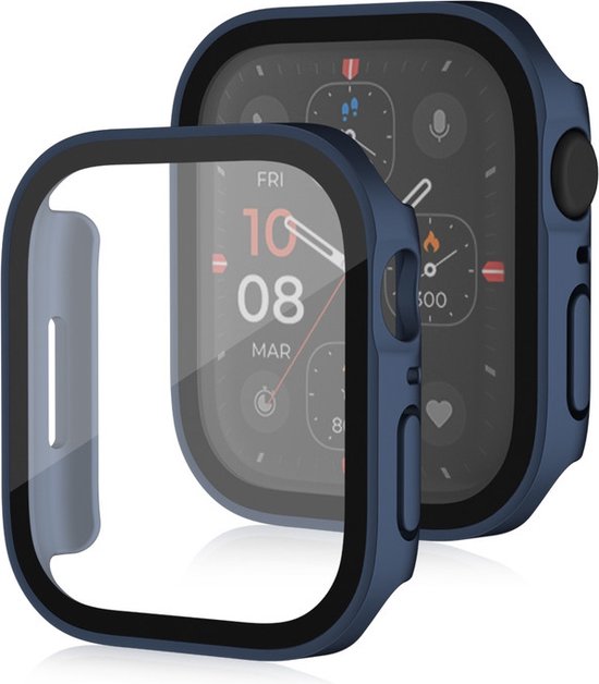 Donkerblauwe Apple Watch case met screenprotector van gehard glas, naast elkaar.