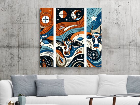 Abstract koeien schilderij | Bonte velden: een verbeelding van koeien in abstracte kunst | Kunst - 40x40 centimeter op Canvas | Foto op Canvas