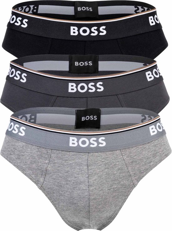 Drie BOSS slips, opgestapeld: grijs, donkergrijs en zwart.