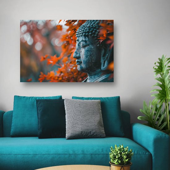 Boeddha portret - Beeldhouwwerk wanddecoratie - Schilderij op canvas Bladeren - Muurdecoratie industrieel - Muurdecoratie canvas - Woonkamer accessoires canvas 60x40 cm