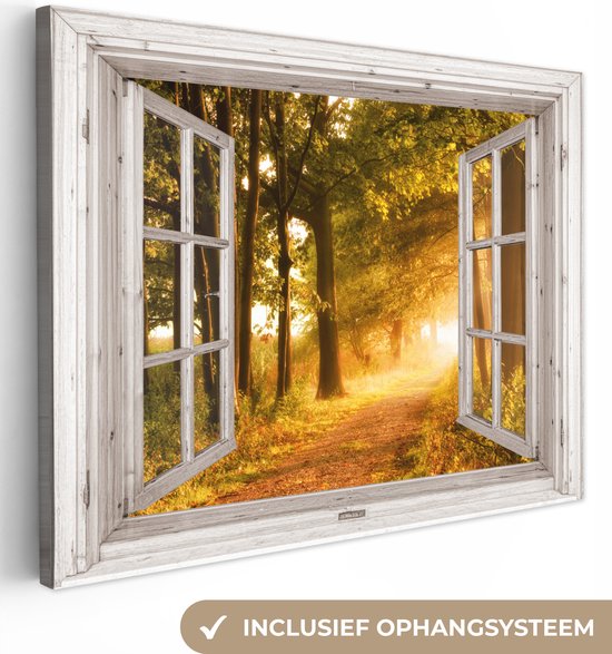 Canvas schilderij 80x60 cm - Wanddecoratie Bos - Bomen - Zonlicht - Herfst - Bospad - Natuur - Doorkijk - Muurdecoratie woonkamer - Slaapkamer decoratie - Kamer accessoires - Schilderijen