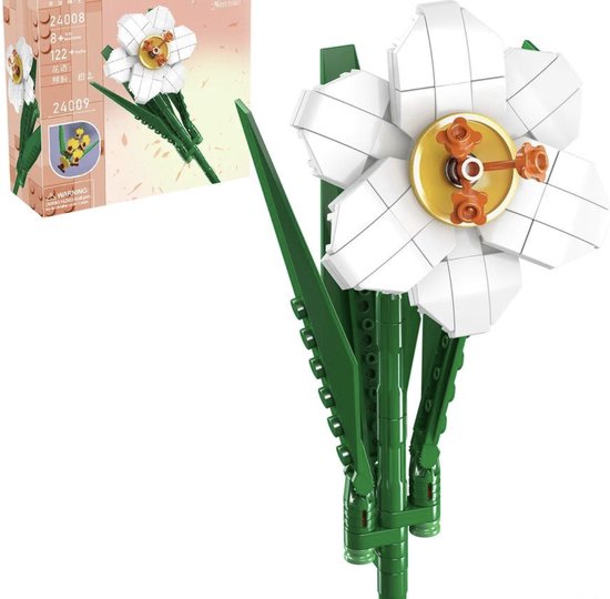 Foto: Hollandse witte narcis bloem bouwpakket lego compatible bloemen bloemstuk 122 bouwstenen toy brick lighting 