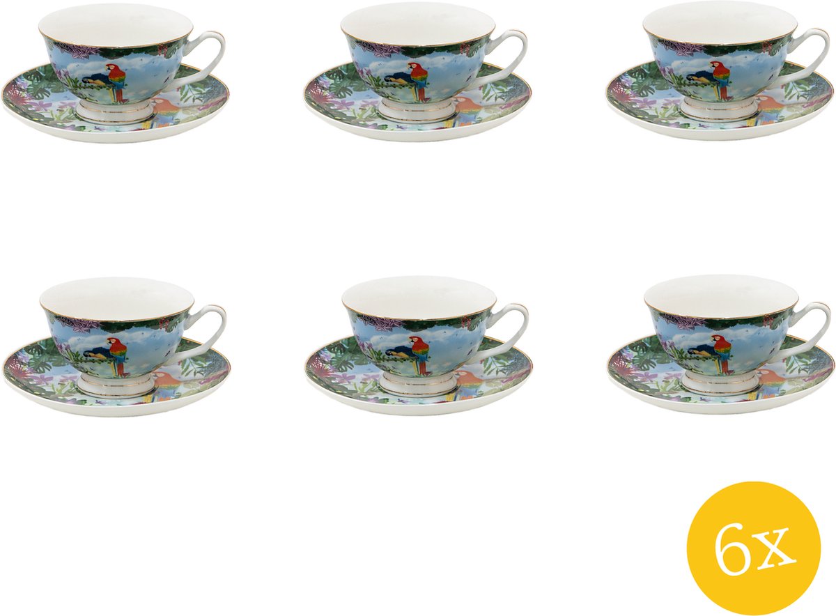 Clayre & Eef Kop en schotel set van 6 stuks schotel 200 ml Groen Porselein Papegaai Servies