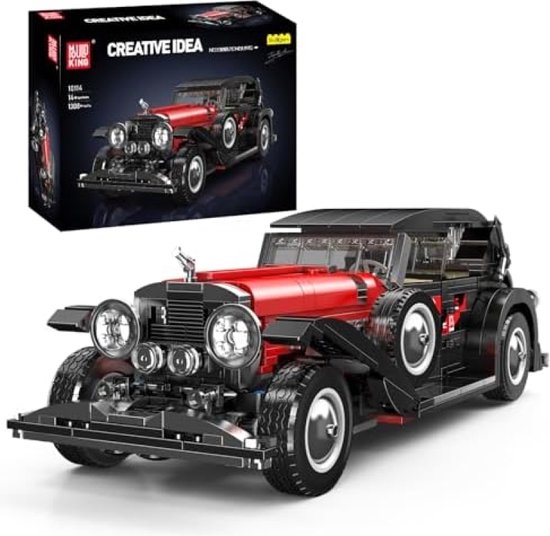 Bouwmodel van een rode en zwarte klassieke auto, met "CREATIVE IDEA" op de doos.
