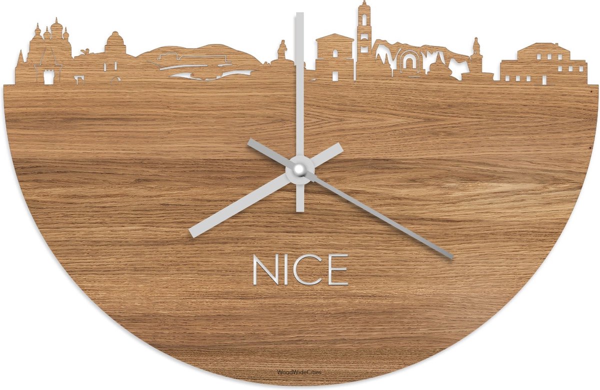Skyline Klok Nice Eikenhout - Ø 40 cm - Stil uurwerk - Wanddecoratie - Meer steden beschikbaar - Woonkamer idee - Woondecoratie - City Art - Steden kunst - Cadeau voor hem - Cadeau voor haar - Jubileum - Trouwerij - Housewarming - WoodWideCities