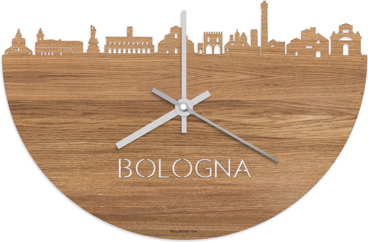 Skyline Klok Bologna Eikenhout - Ø 40 cm - Stil uurwerk - Wanddecoratie - Meer steden beschikbaar - Woonkamer idee - Woondecoratie - City Art - Steden kunst - Cadeau voor hem - Cadeau voor haar - Jubileum - Trouwerij - Housewarming - WoodWideCities