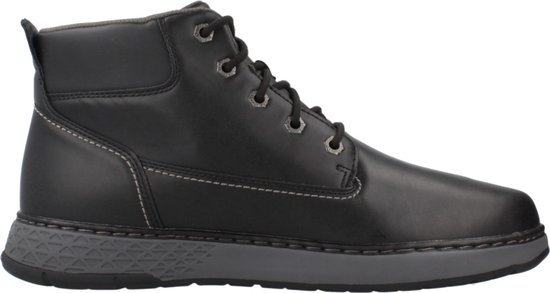 Botte à lacets noire Skechers, vue latérale, semelle grise avec motif triangulaire.