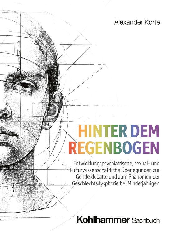 Boekomslag: "Hinter dem Regenbogen" met een tekening van een gezicht en de tekst "HINTER DEM REGENBOGEN"