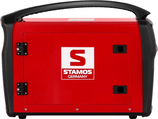 Gesloten rood Stamos lasapparaat met een zwarte handgreep en de tekst 'S STAMOS GERMANY'.