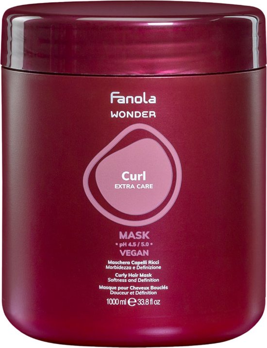 Fanola Wonder Curl Masker in donkerrode pot met de tekst 'Curl Extra Care Mask Vegan Curly Hair Mask Softness and Definition'.