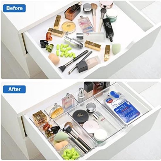 Diwoker 50 Pcs Drawer Organiser with 4 Sizes, Makeup Table Storage System Made of Clear Plastic, Use Makeup Organiser, Chest of Drawers, Storage