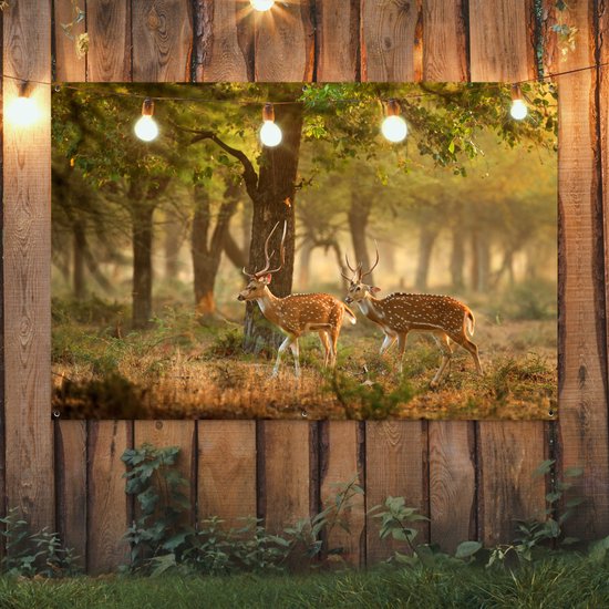 Tuinposter 180x120 cm - Tuindecoratie Herten - Bos - Herfst - Bosdieren - Natuur - Hert - Poster voor in de tuin - Buiten decoratie - Schutting tuinschilderij - Tuindoek muurdecoratie - Wanddecoratie balkondoek