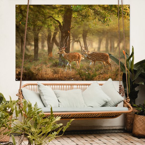 Tuinposter 180x120 cm - Tuindecoratie Herten - Bos - Herfst - Bosdieren - Natuur - Hert - Poster voor in de tuin - Buiten decoratie - Schutting tuinschilderij - Tuindoek muurdecoratie - Wanddecoratie balkondoek