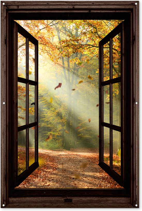 Foto: Tuinposter 120x180 cm tuindecoratie bos bomen herfst zon herfstbladeren natuur doorkijk poster voor in de tuin buiten decoratie schutting tuinschilderij tuindoek muurdecoratie wanddecoratie balkondoek